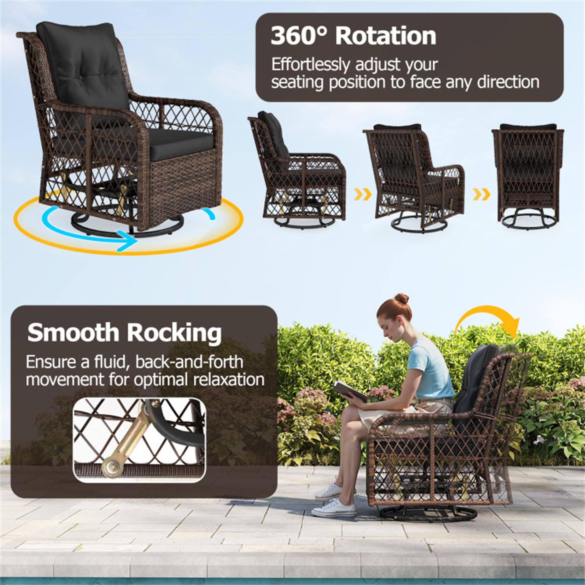 360° Rotation  
Effortlessly adjust your seating position to face any direction

Smooth Rocking  
Ensure a fluid, back-and-forth movement for optimal relaxation
