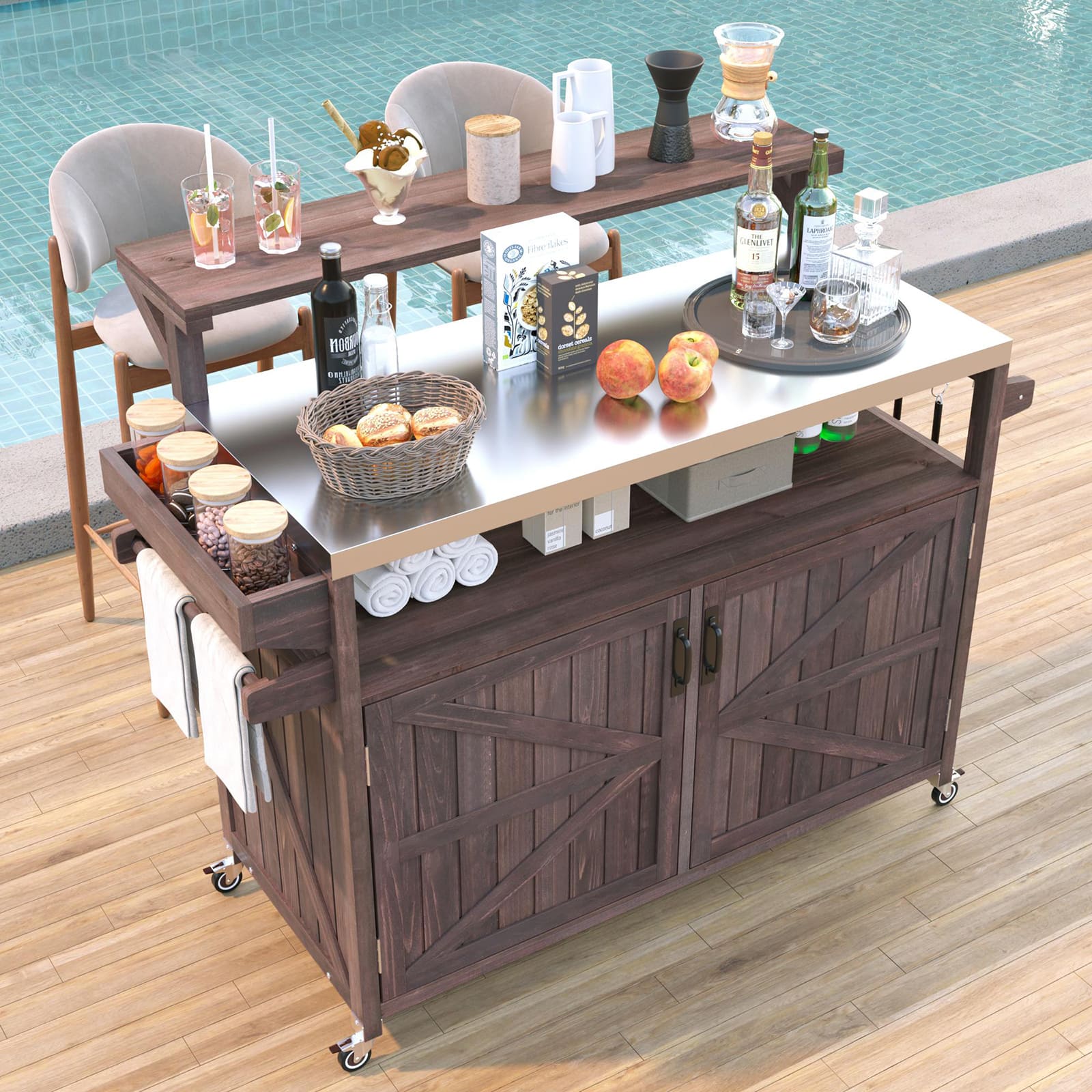 Chateau Abodes - 53.3" Outdoor Kitchen Island with Raised Shelf, Solid Wood Cabinet & Stainless Steel Top, Adjustable Shelf, Spice Rack - Brown