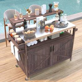 Chateau Abodes - 53.3" Outdoor Kitchen Island with Raised Shelf, Solid Wood Cabinet & Stainless Steel Top, Adjustable Shelf, Spice Rack - Brown