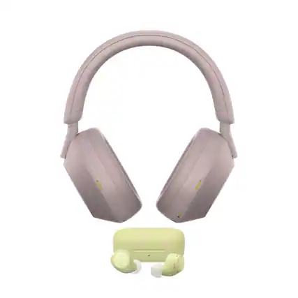 Front. Sony - Sony WH 1000XM5 Wireless Noise Canceling Smoky Pink Headphones Bundle - White.