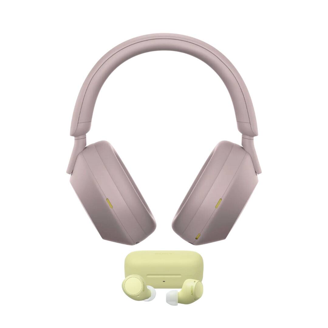 Front. Sony - Sony WH 1000XM5 Wireless Noise Canceling Smoky Pink Headphones Bundle - White.