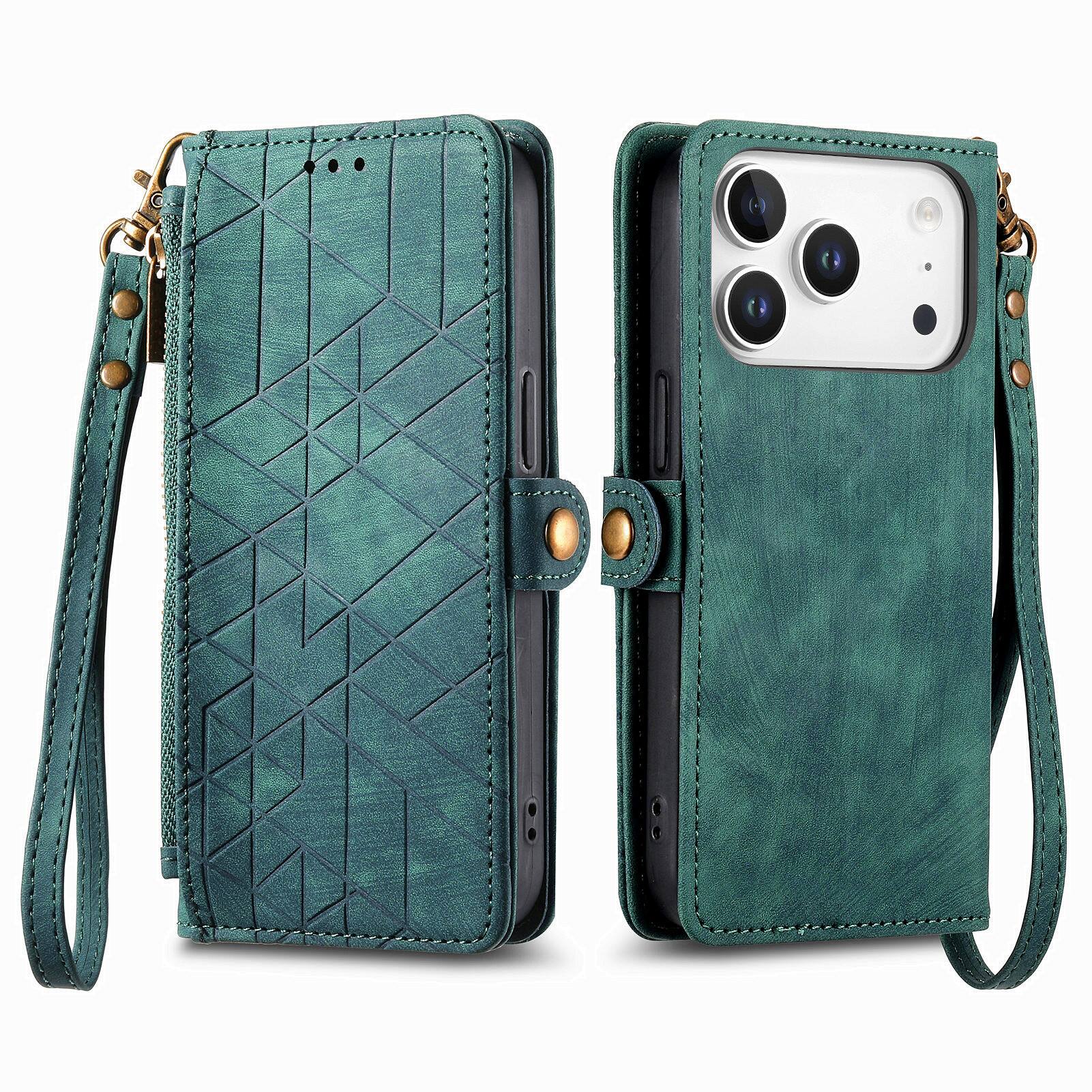 Left. Dteck - Magnetic Wallet Case For Apple iPhone 17 Pro, Shockproof Zipper Kickstand Card Holder with Lanyard Flip Cover - Green.