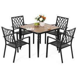 Nuu Garden - 5PCS Patio Stackable Dining Set, Umbrella Hole and Wood-Grain Tabletop - Black