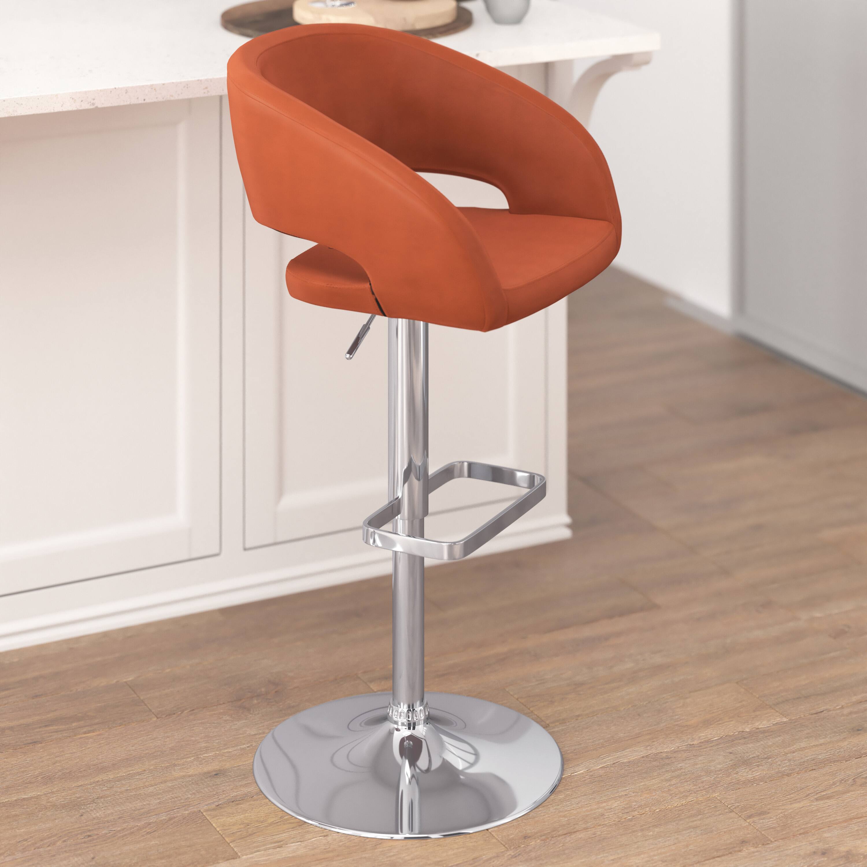 Alt View 4. Emma + Oliver - Shae Contemporary Upholstered Adjustable Height Barstool with Rounded, Cutout Mid-Back and Pedestal Base - Cognac Vinyl/Chrome Frame.