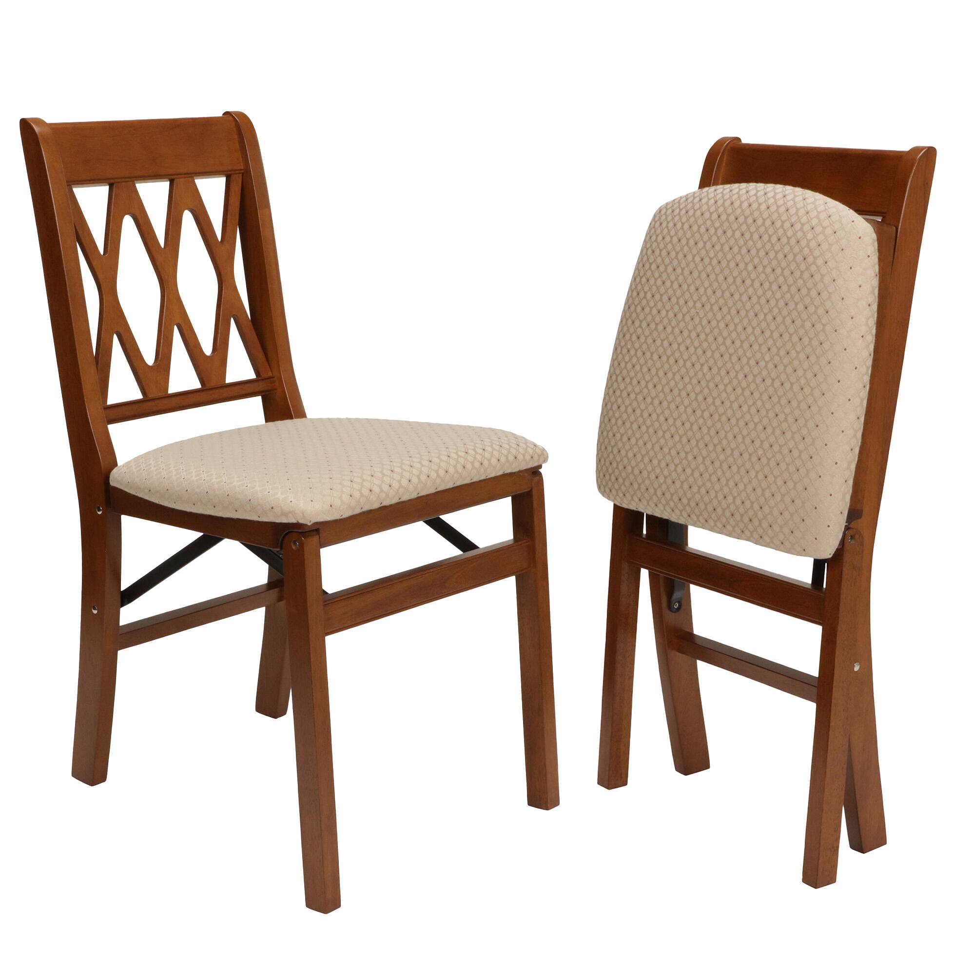 Front. Stakmore - Stakmore Classic Lattice Back Folding Chair, Fruitwood Frame with Blush Fabric (Set of 2) - Fruitwood Finish.