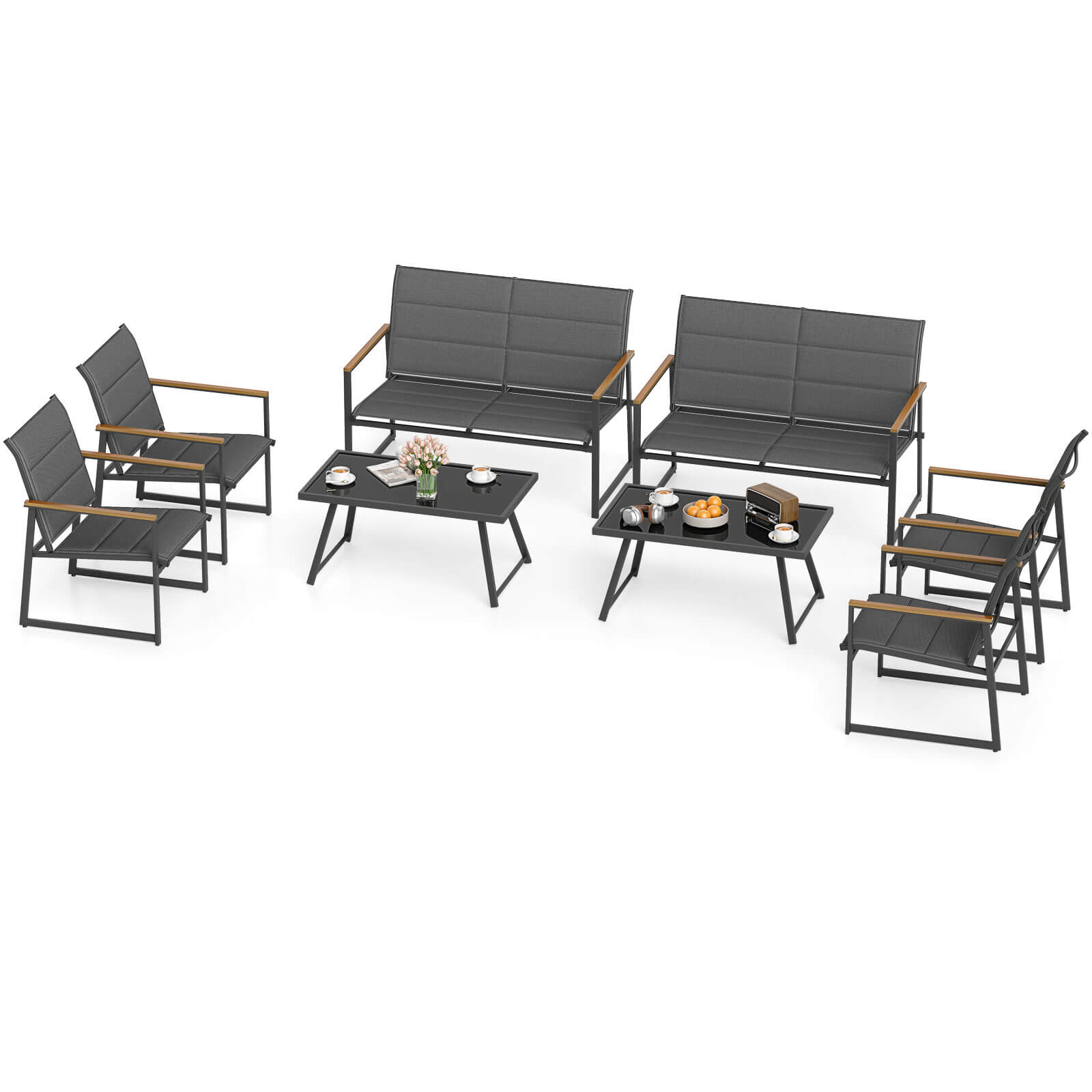 Alt View 9. Costway - Costway 8 PCS Patio Furniture Setwith Padded Fabric Seat & Wood-Plastic Armrests Table - Gray.