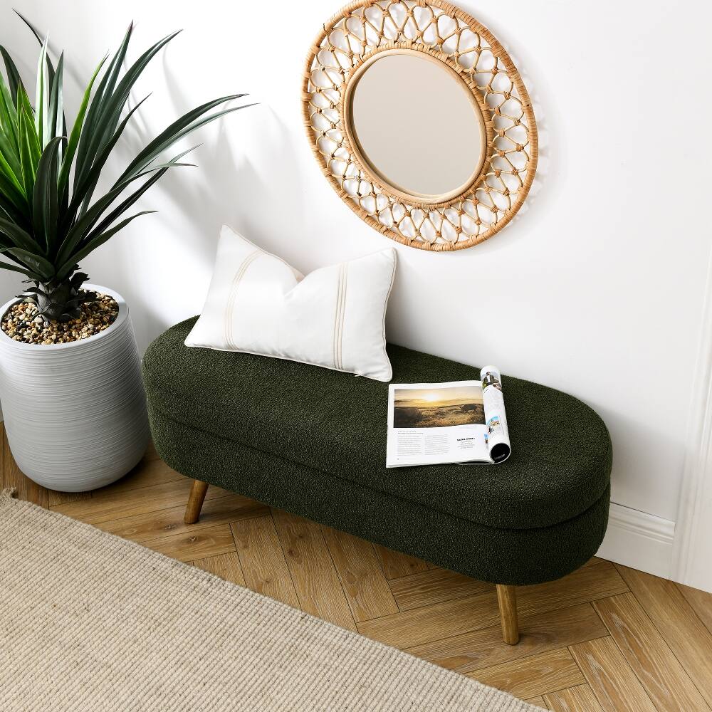 Left. Ropilly - Ropilly Green Oval Storage Ottoman Bench with Rubber Wood Legs, Pleated Fabric Footstool Seat for Living Room, 43.5 Inch - Green.