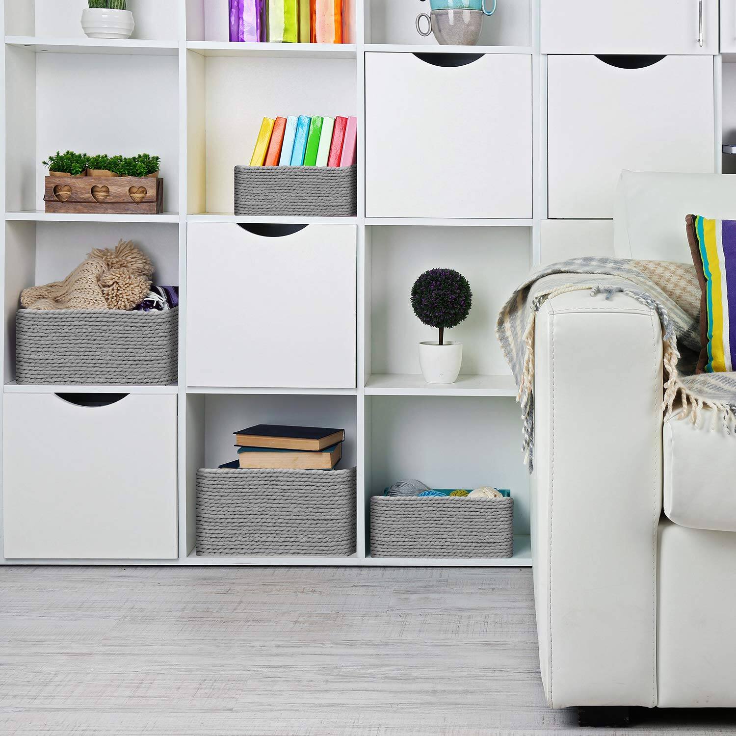 Alt View 1. Sorbus - Sorbus Storage Baskets 4-Piece Set - Stackable Woven Basket Paper Rope Bin Boxes for Makeup, Office Supplies - Gray.