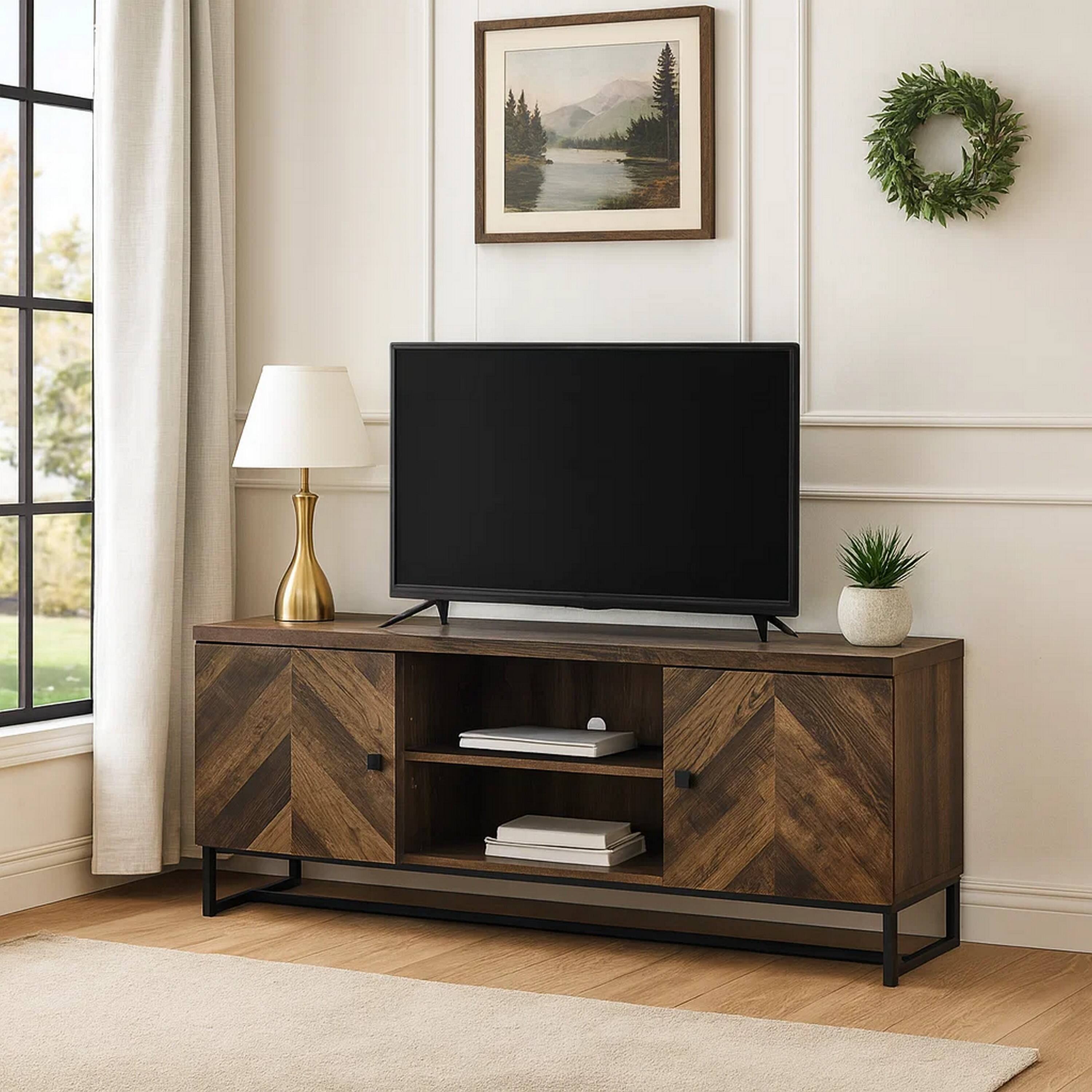 Alt View 6. Manhattan Lane - 60 Inch TV Media Console Cabinet, 2 Herringbone Doors - Brown.