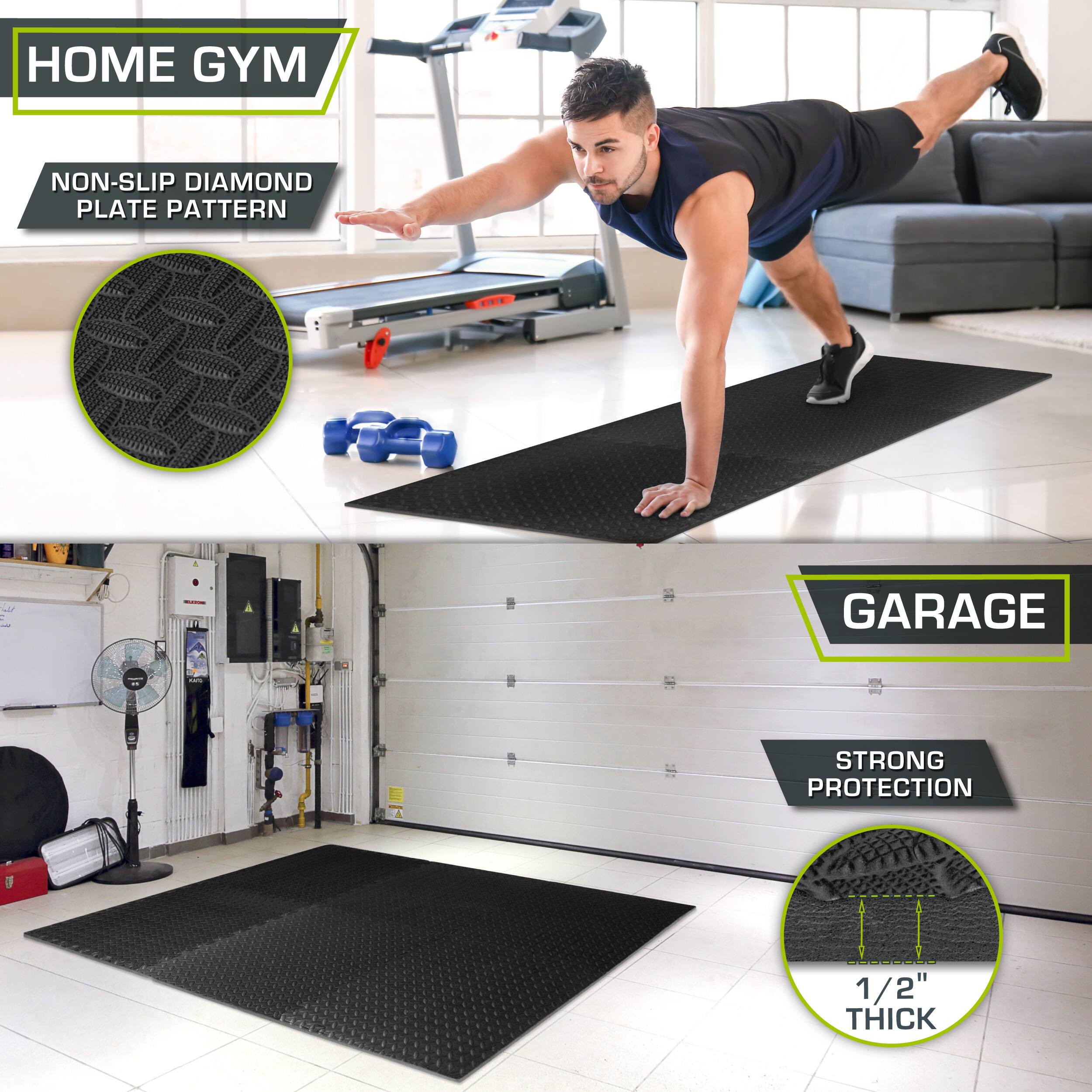 HOME GYM  
NON-SLIP DIAMOND PLATE PATTERN  

GARAGE  
STRONG PROTECTION  
1/2" THICK