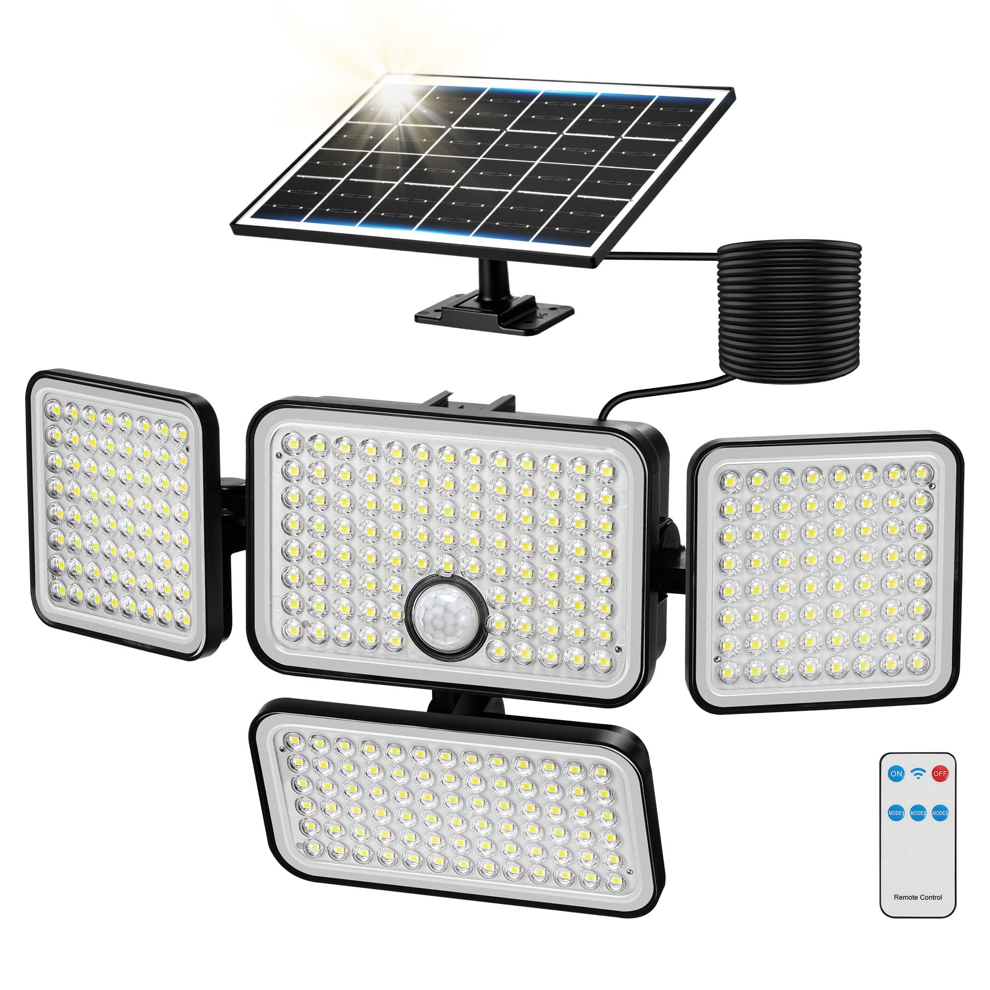 Unique Bargains - 1pc 3000LM Solar Flood Lights Outdoor with Upgrade Solar Panel 4 Head Motion Sensor Lights with Extension Cord - White