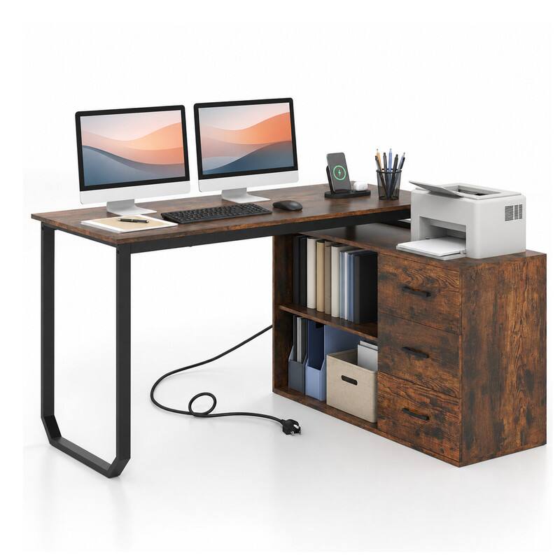 WELLFOR 55" Inch Reversible L Shaped Desk with Charging Station & 3 ...