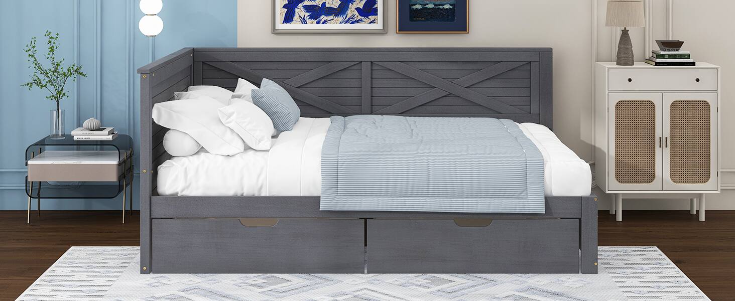 Back. Tiramisubest - Twin Size Wood Daybed with 2 Drawers and Rustic Guardrail, Ancient Grey - Grey.