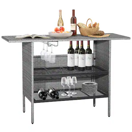 Front. Costway - Costway Patio Rattan Wicker Bar Height Counter Table Storage Shelf Rail Garden - Gray.