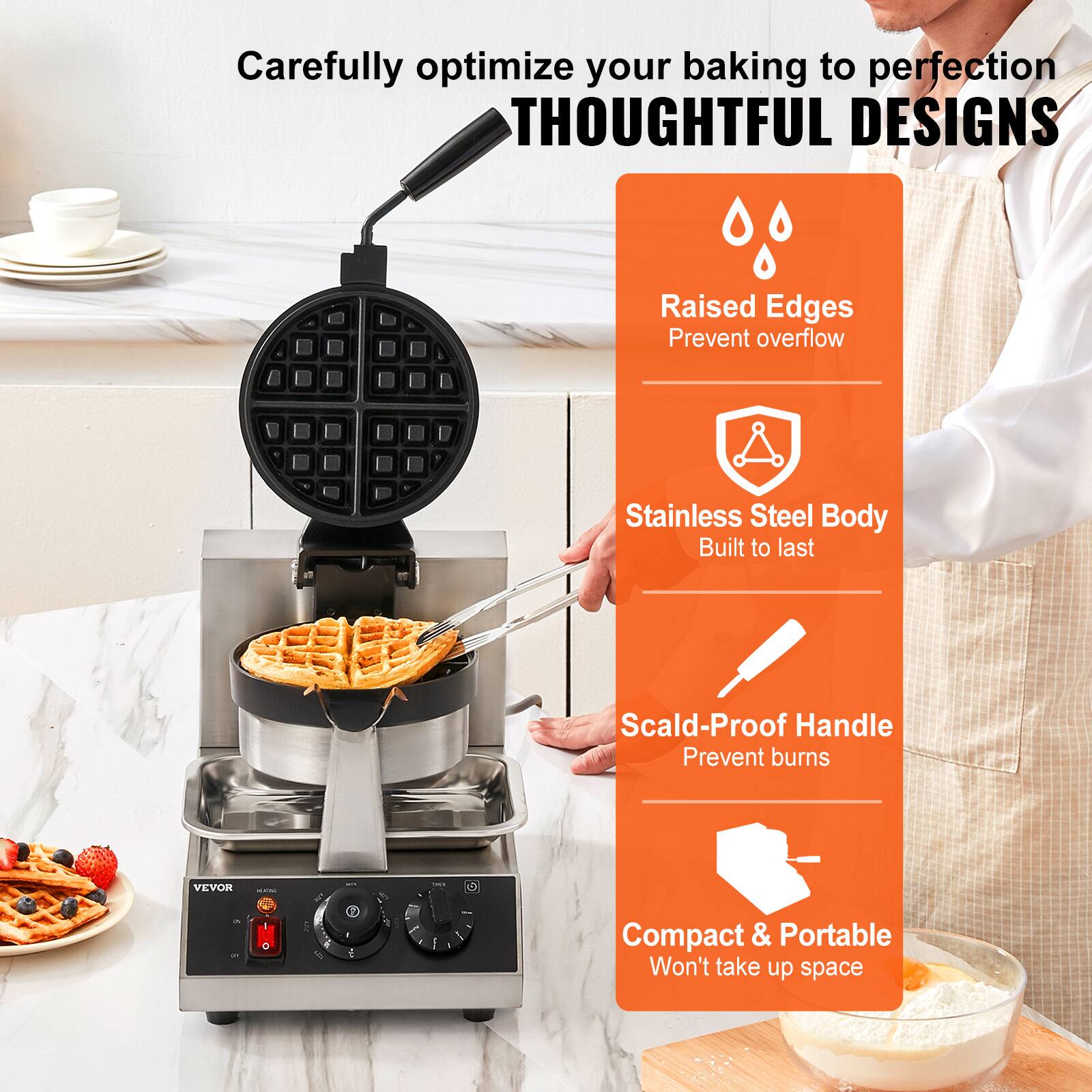 Carefully optimize your baking to perfection  
THOUGHTFUL DESIGNS

Raised Edges Prevent overflow  
Stainless Steel Body Built to last  
Scald-Proof Handle Prevent burns  
Compact & Portable Won't take up space