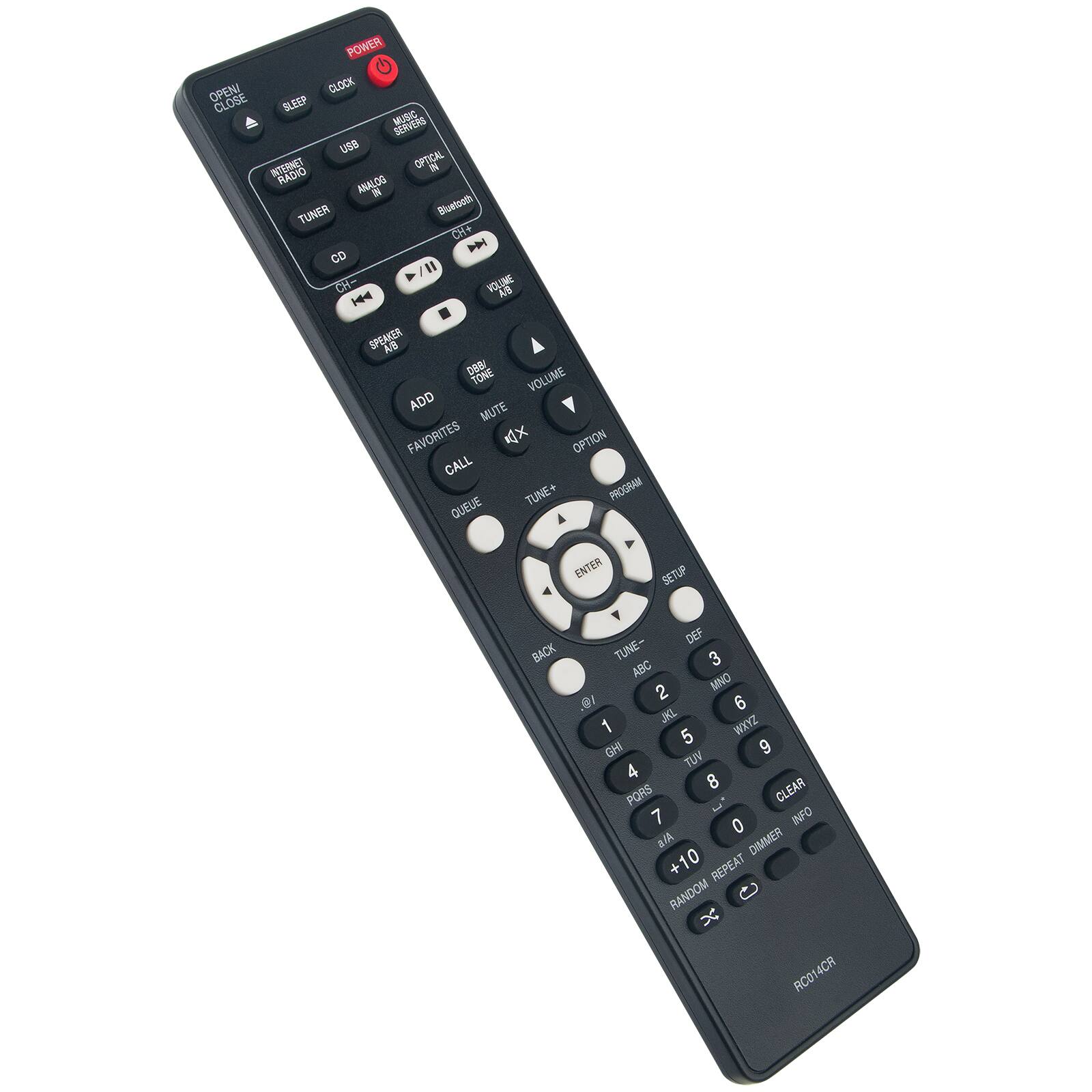 POWER OPENI CLOCK CLOSE SLEEP MUSIC SERVERS INTERNET RADIO ANALOG IN TUNER USB OPTICAL IN Bluetooth CD CH+ CH- VOLUME A H44 SPEAKER AB DRD TONE VOLUME ADD MUTE FAVORITES CALL TUNE+ PROGRAM QUEUE ENTER SETUP BACK DEF TUNE- 3 ABC 2 MNO 19. 6 K 1 5 WXYZ CHI 9 TUV 4 8 CLEAR PORS 7 0 INFO Als DIMMER +10 REPEAT RANDOM x AC014CR