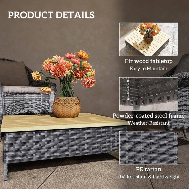 PRODUCT DETAILS

- Fir wood tabletop
  - Easy to Maintain

- Powder-coated steel frame
  - Weather-Resistant

- PE rattan
  - UV-Resistant & Lightweight