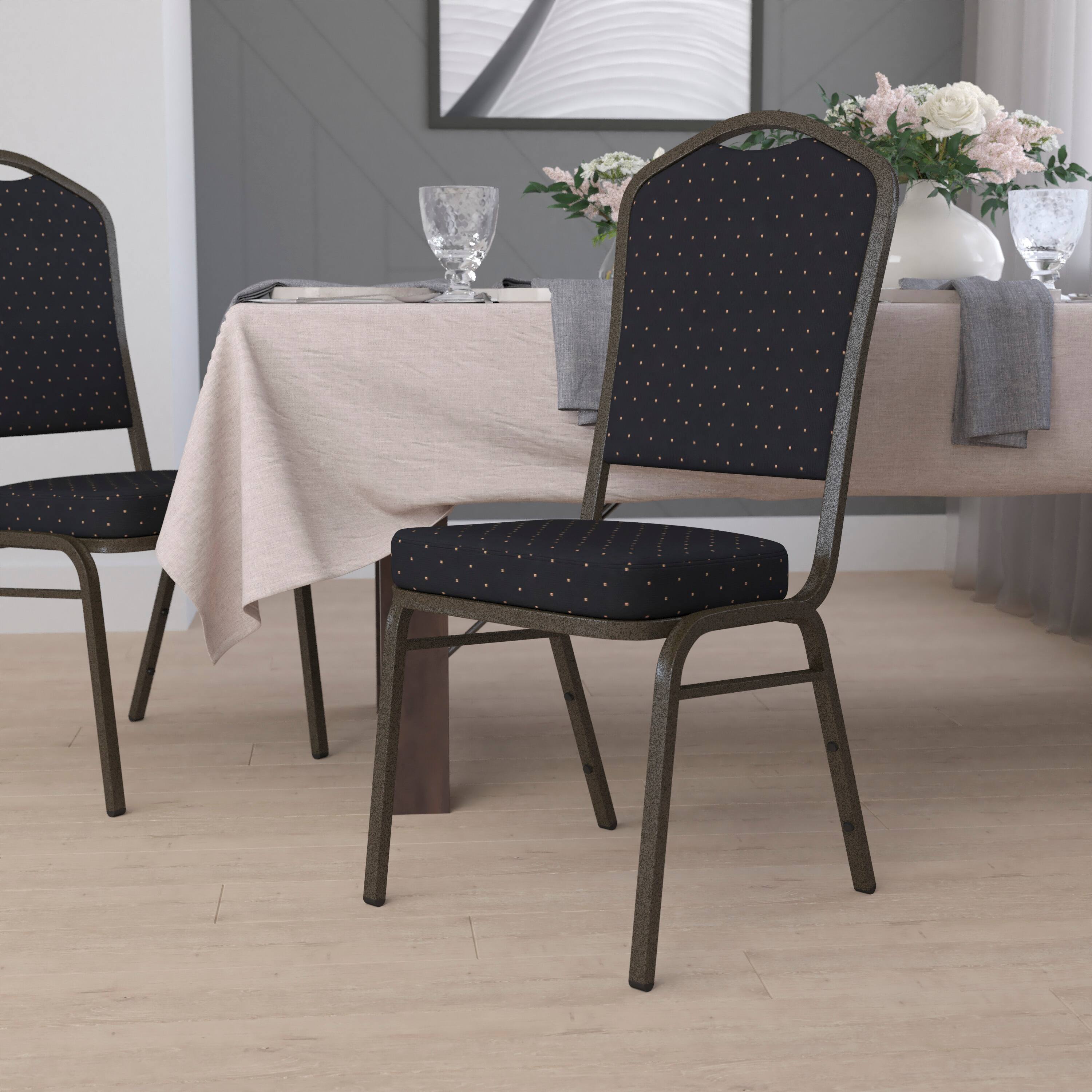 Alt View 1. Emma + Oliver - Crown Back Stacking Banquet Dining Chair - Black Patterned Fabric/Gold Vein Frame.