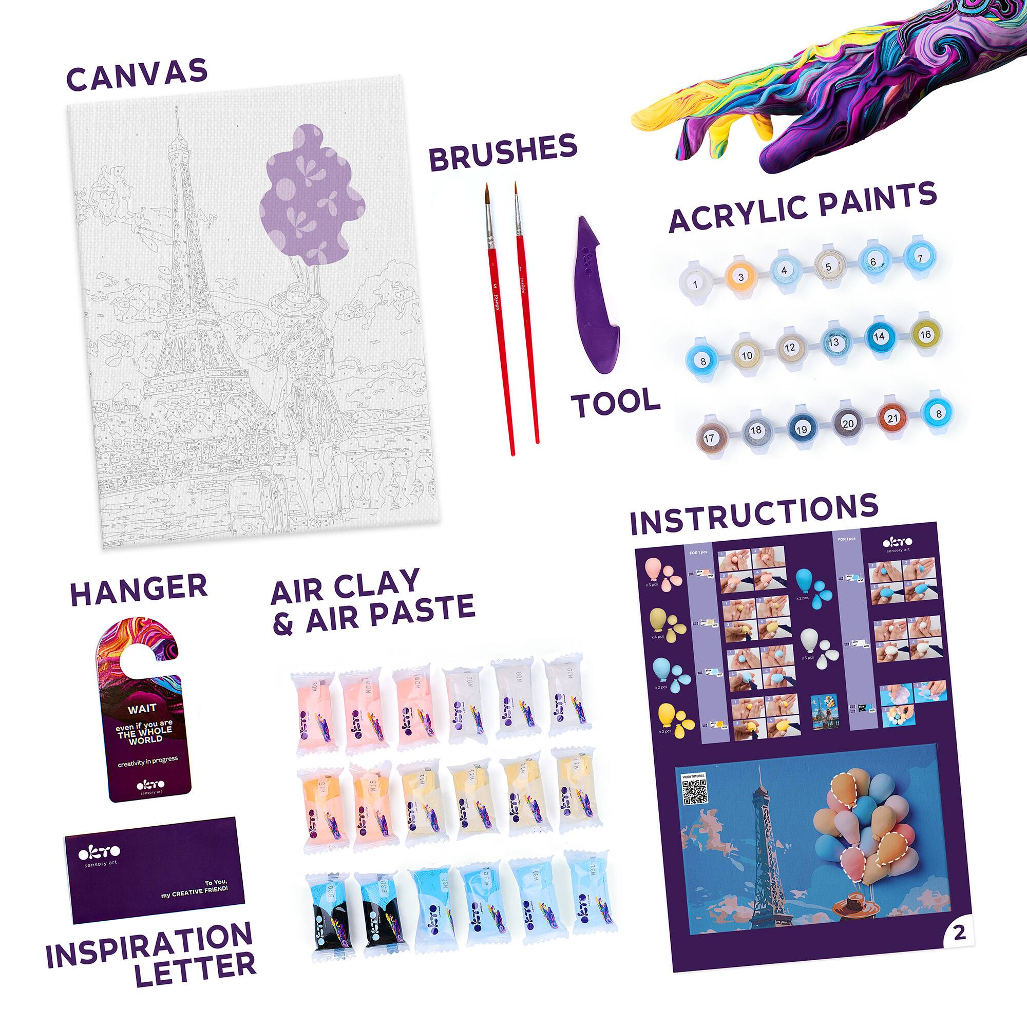 CANVAS  
BRUSHES  
ACRYLIC PAINTS  
TOOL  

HANGER  
AIR CLAY & AIR PASTE  
INSTRUCTIONS  

INSPIRATION LETTER