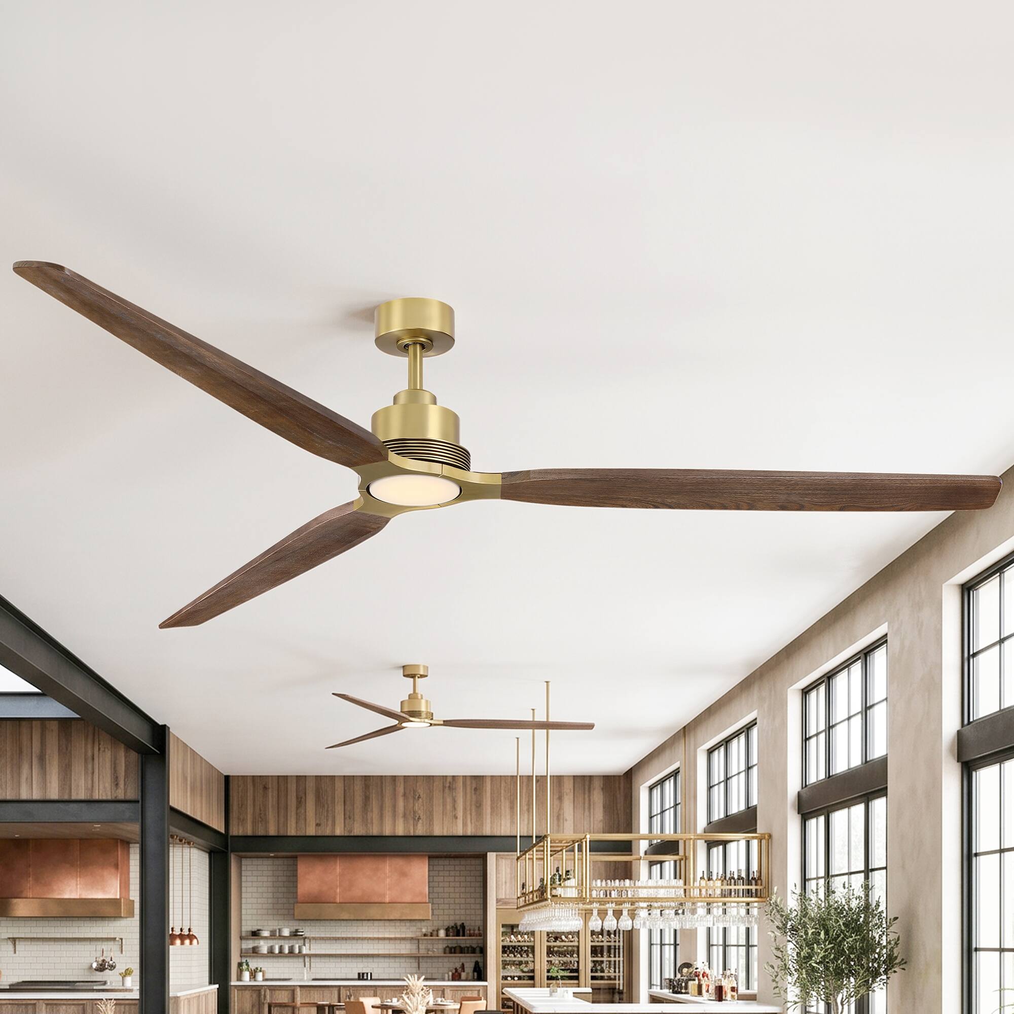 Front. Parrot Uncle - 84" Vintage Solid Wood Large Ceiling Fan with Diammable LED Light and Remote - Brass.
