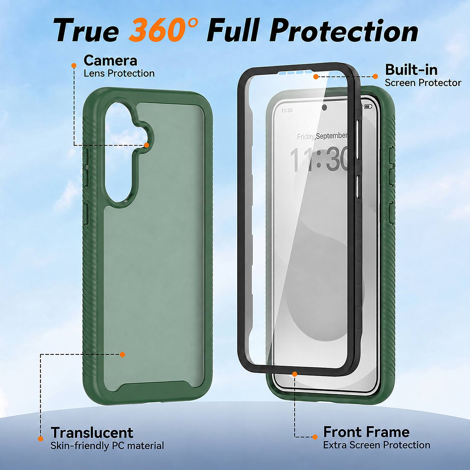True 360° Full Protection

- Camera
  - Lens Protection
- Built-in
  - Screen Protector
- Translucent
  - Skin-friendly PC material
- Front Frame
  - Extra Screen Protection