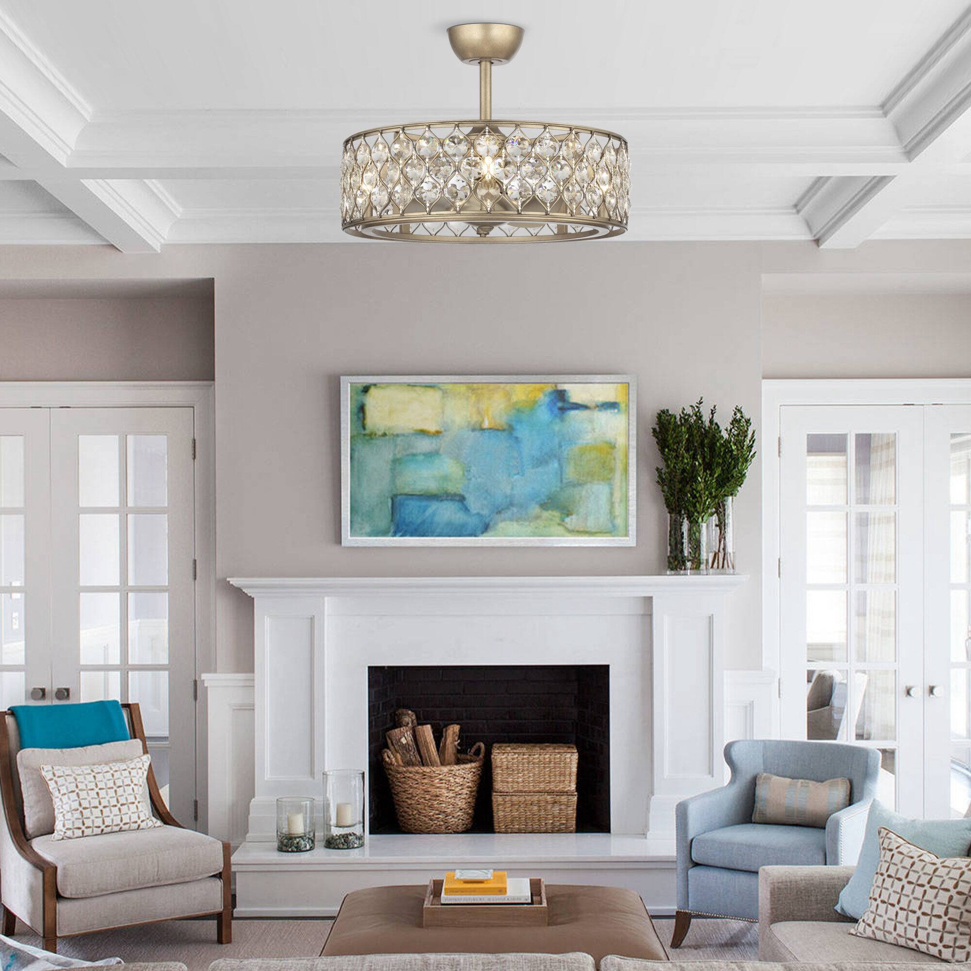 Angle. Parrot Uncle - 25" Modern Crystal Chandelier Ceiling Fan with Remote Control and Light Kits - Gold.