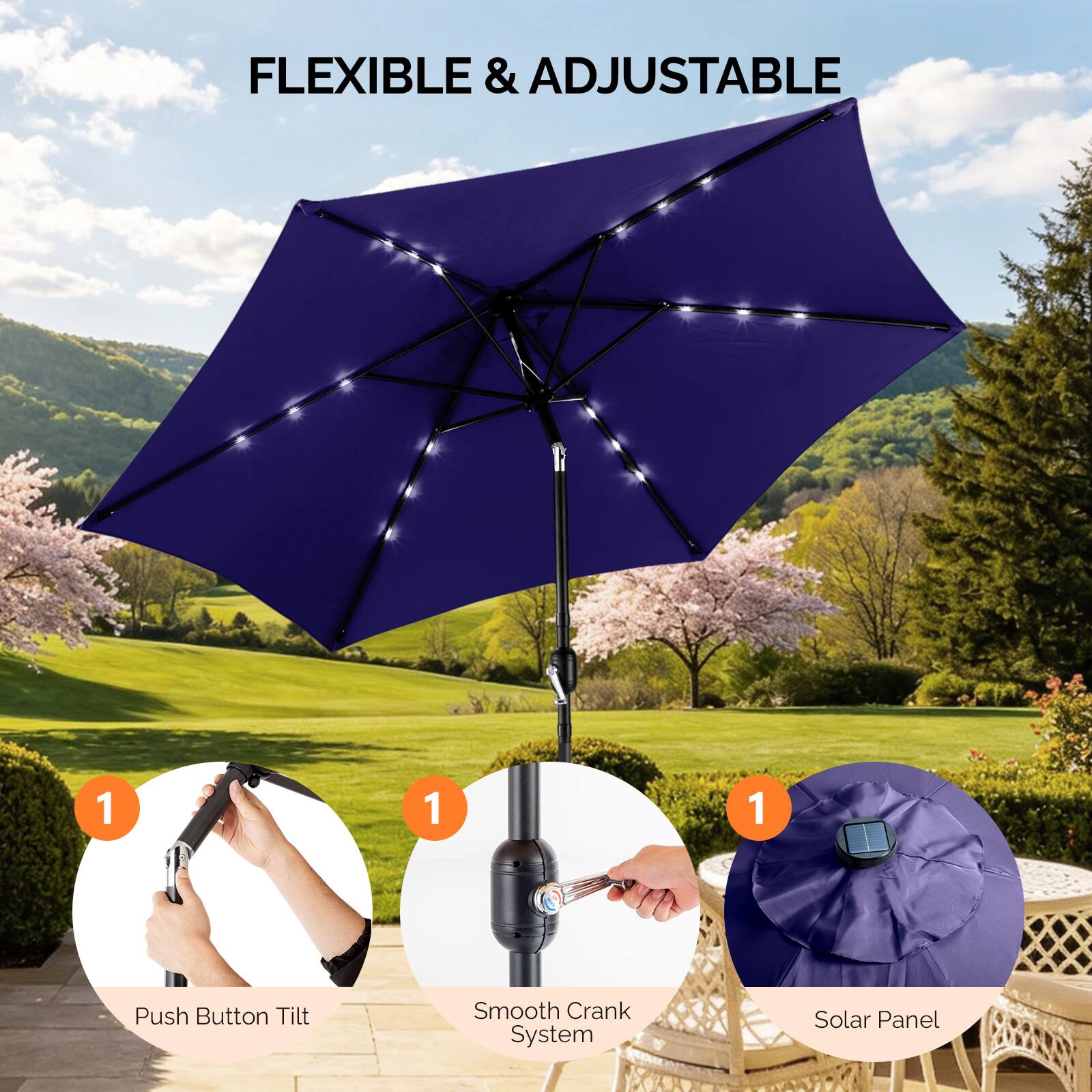 FLEXIBLE & ADJUSTABLE

1. Push Button Tilt
1. Smooth Crank System
1. Solar Panel
