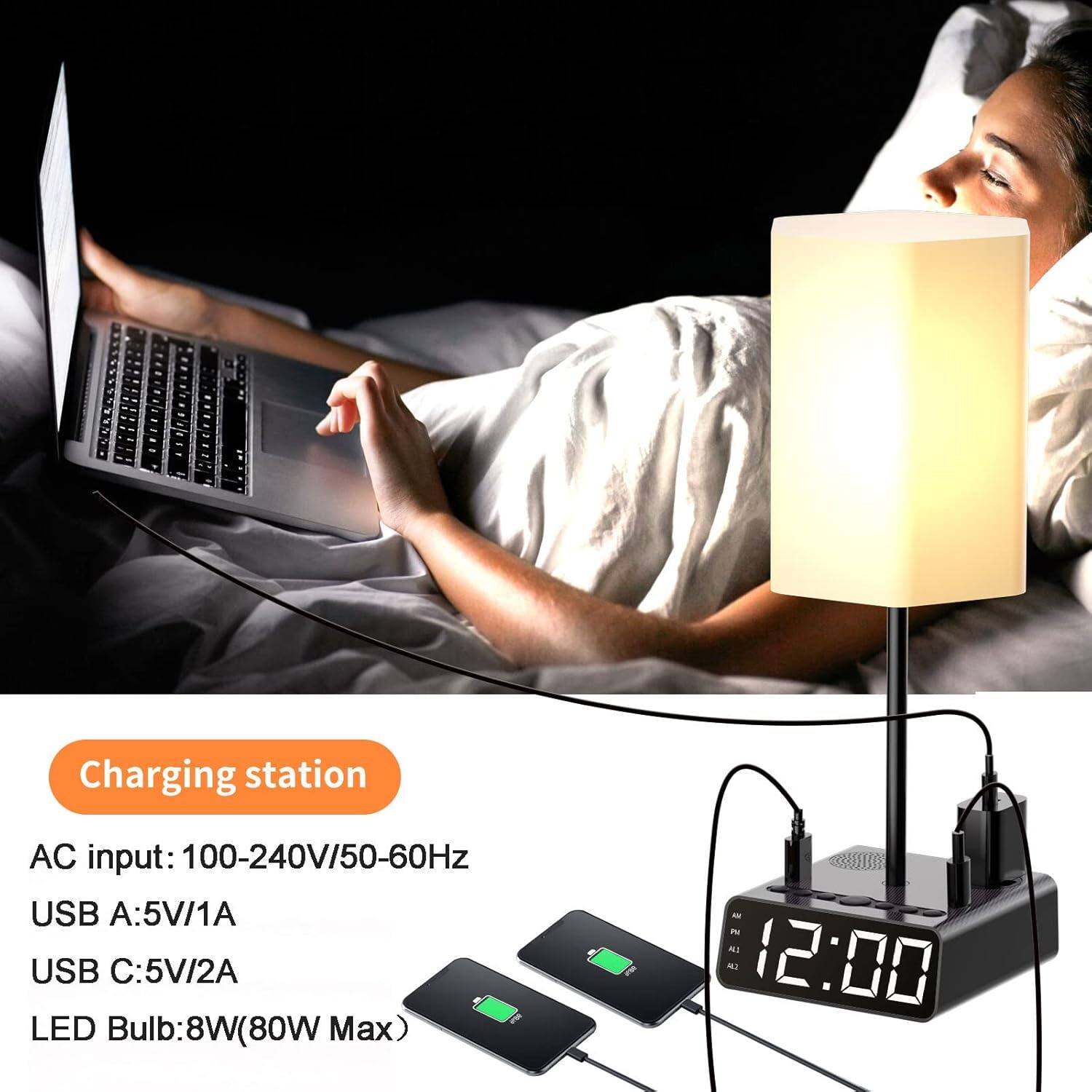 Charging station

AC input: 100-240V/50-60Hz

USB A: 5V/1A

USB C: 5V/2A

LED Bulb: 8W (80W Max)