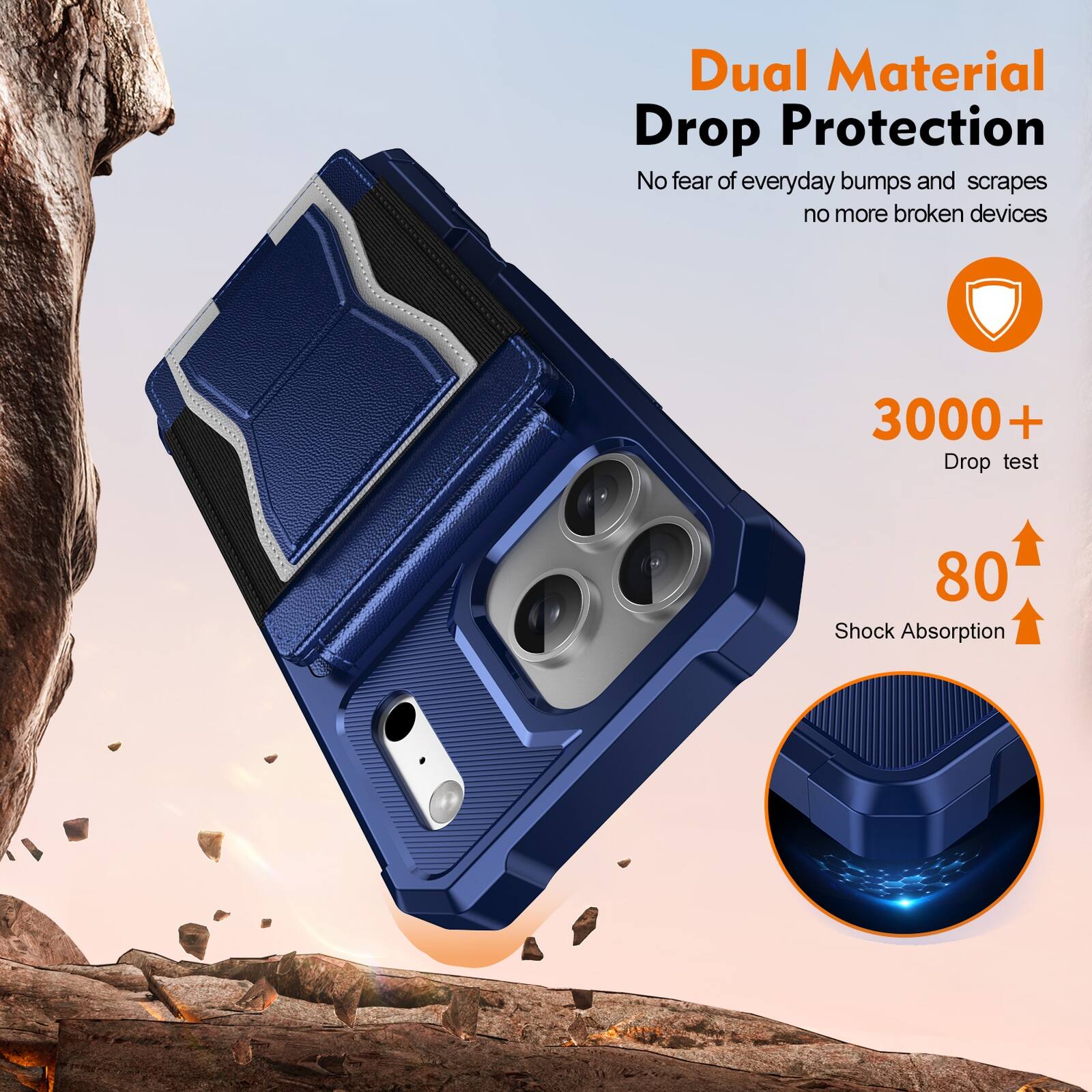 Dual Material Drop Protection  
No fear of everyday bumps and scrapes, no more broken devices  
3000+ Drop test  
80 Shock Absorption