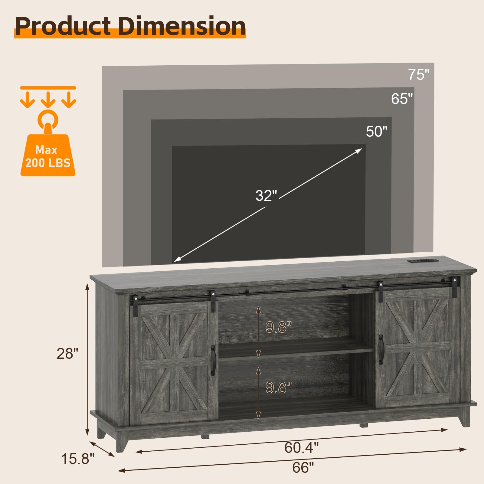Product Dimension  
Max 200 LBS  
75"  
65"  
50"  
32"  
28"  
15.8"  
60.4"  
66"  
9.8"  
9.8"