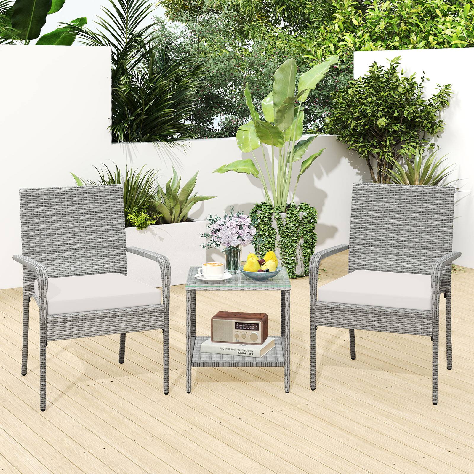 Alt View 3. Gymax - Gymax 3 Pieces Patio Furniture Set PE Rattan Porch Chairs w/ 2-Tier Table White - White.