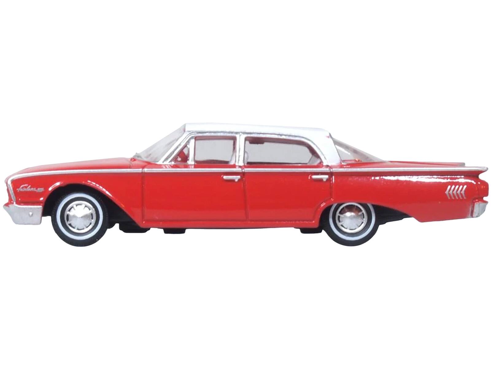 Angle. Oxford Diecast - 1960 Ford Fairlane Sedan 500 Monte Carlo Red with Corinthian White Top and Interior 1/87 (HO) Scale - Red And Corinthian White.