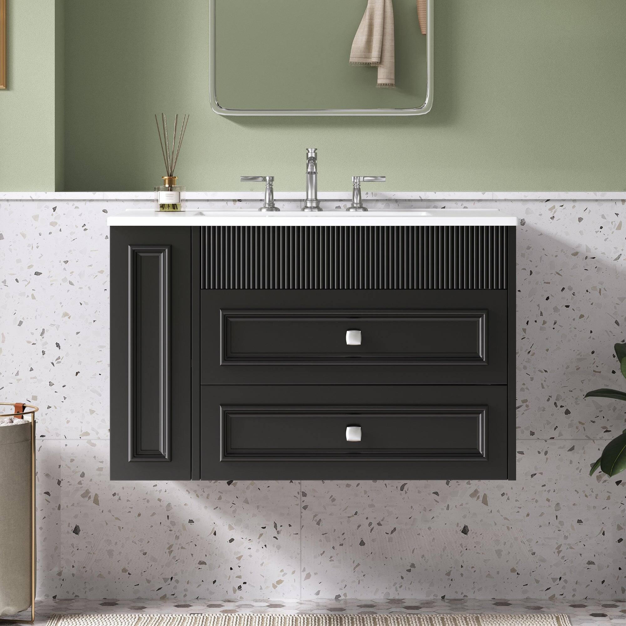 Alt View 1. Boyel Living - 30 Inch Wall Mounted Bathroom Vanity with Ceramic Sink and Two Drawers Black - Black.