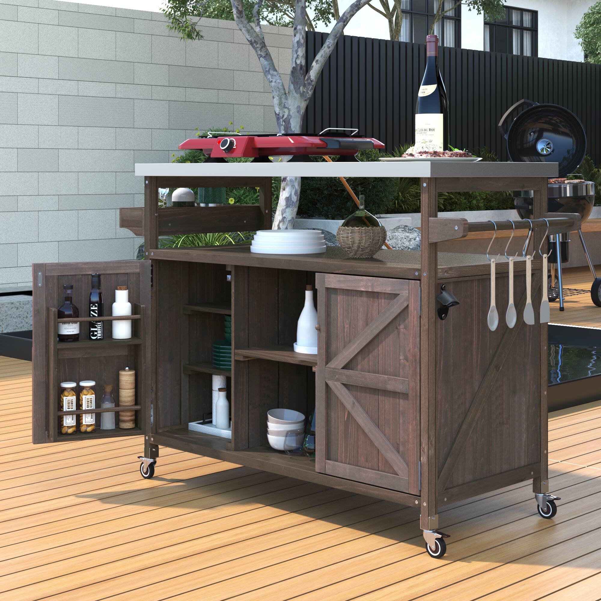 Alt View 2. PexFix - Solid Wood Outdoor Kitchen Island with Stainless Top, Rolling BBQ Grill Cart with Storage, Spice & Towel Rack for Patio - Dark Brown.