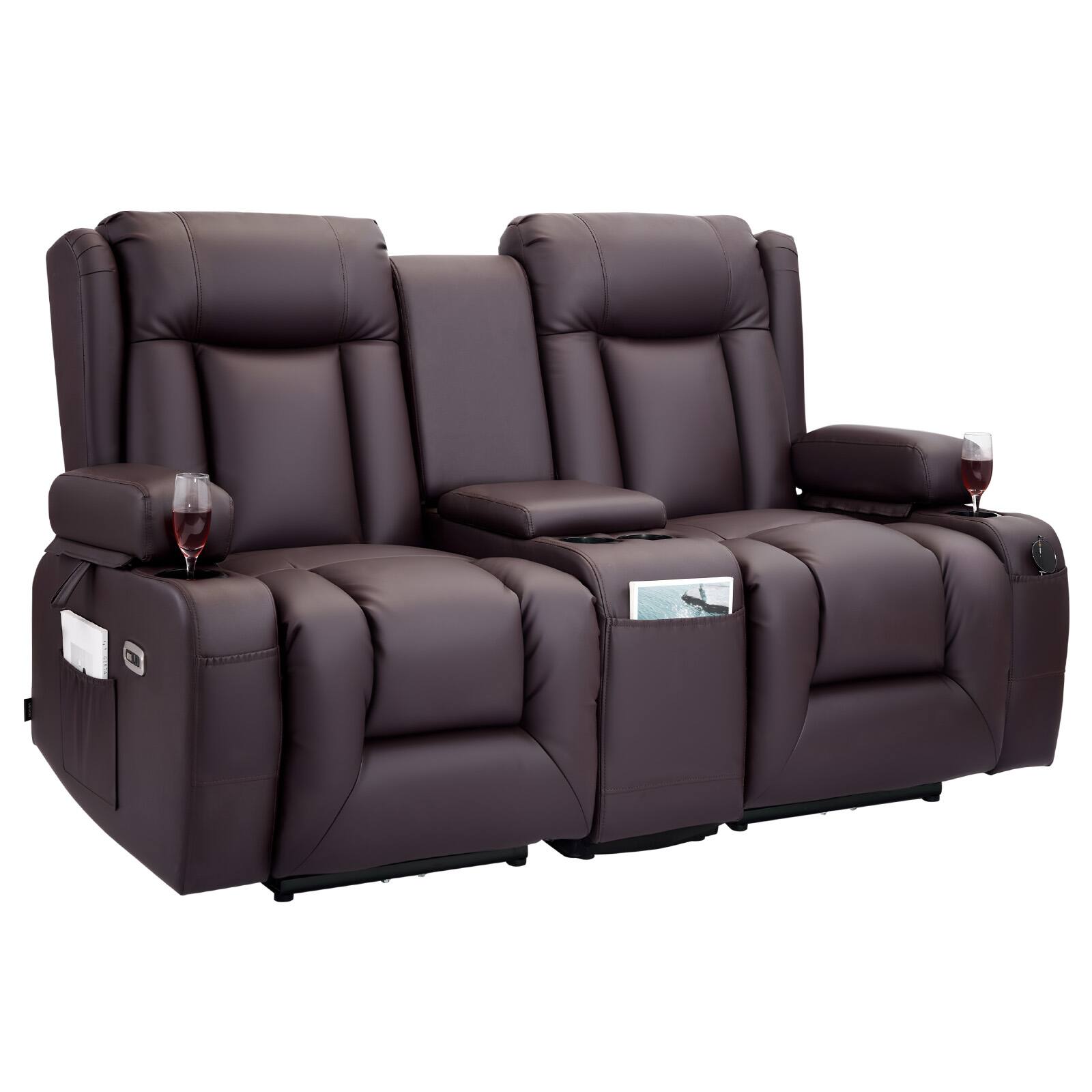 Front. VEVOR - Loveseat Recliner Sofa, Power Reclining Couch with Heating & Massage and Timer, PU Leather Electric Recliner Sofa - Brown.