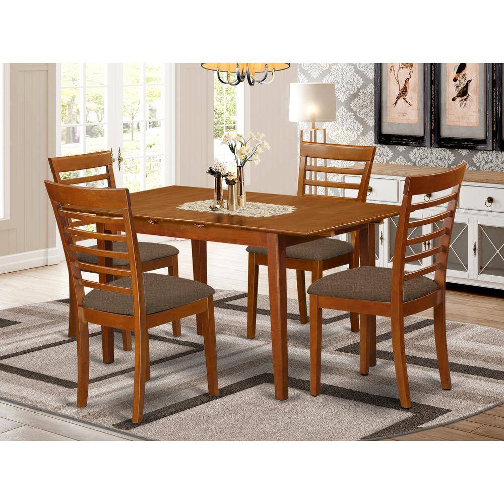 Back. East West Furniture - PSML5-SBR-C 5 Pc dinette set - Table with Leaf and 4 Dining Chairs - Saddle Brown.