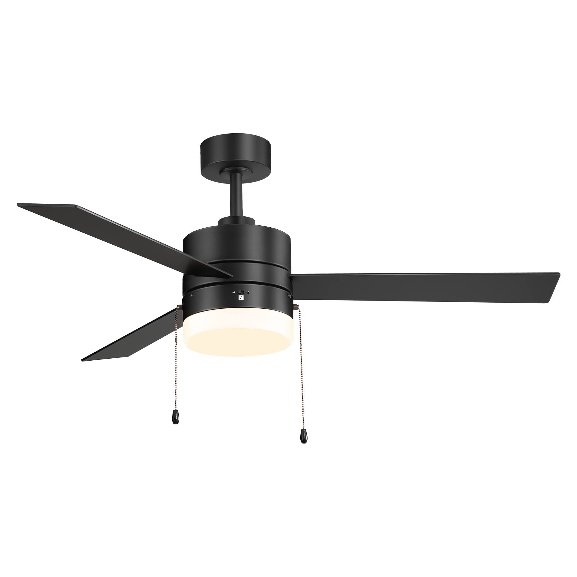 Angle. Breezary - 52" Indoor Large Ceiling Fan with Led Light and Pull Chain, 3 Reversible Blades, 3-Speed AC Motor,  6" Downrod - Matte Black.