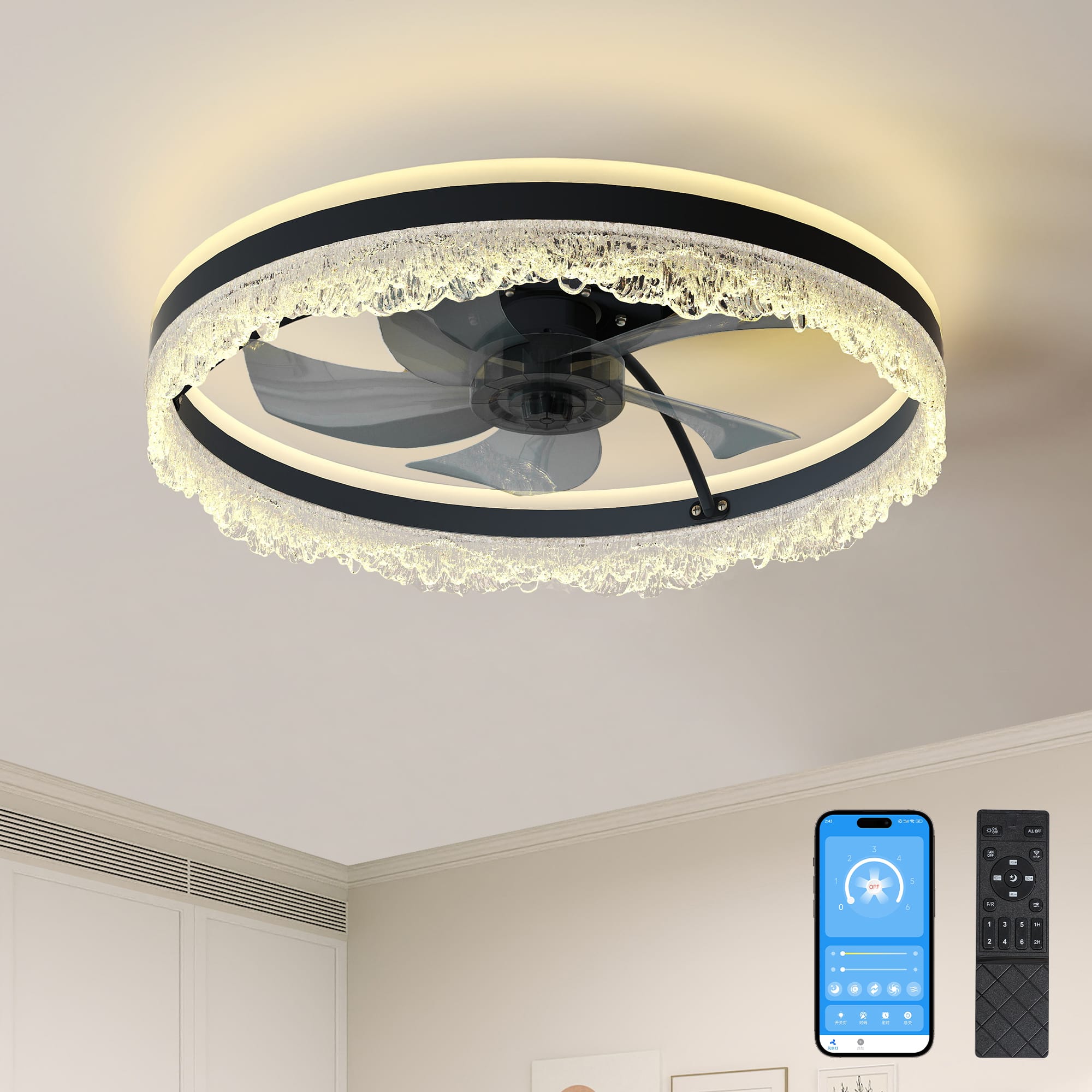TinyHomie - 20 Smart Silent Ceiling Fan with Light Crystal Flush Mount LED Fan Lamp