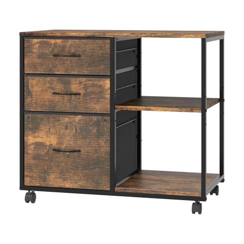 Alt View 4. Winado - Mobile 3-Drawer Rolling Filing Under-Desk File Cabinet with Adjustable Storage 2 Shelves, 28" Tabletop Printer Stand - Rustic Brown.