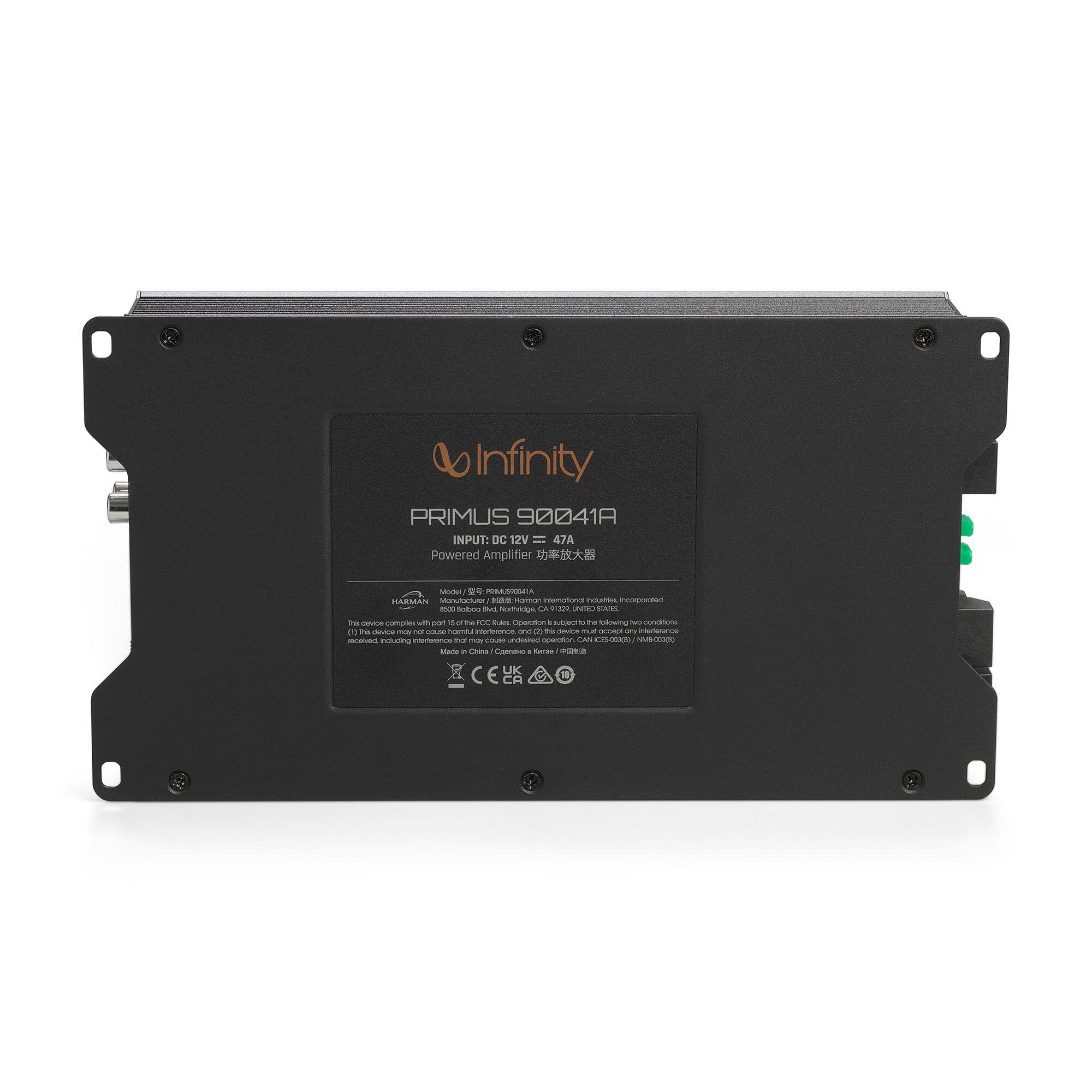 Infinity PRIMUS 90041A  
INPUT: DC 12V 47A  
Powered Amplifier  

Model No.: PRIMUS90041A  
Manufacturer: Harman  
Made in China / Guangzhou, China  

This device complies with part 15 of the FCC Rules. Operation is subject to the following two conditions: (1) this device may not cause harmful interference, and (2) this device must accept any interference received, including interference that may cause undesired operation.  

CE  
UKCA