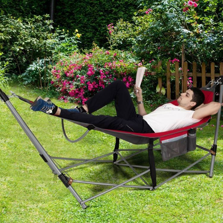 Angle. Hivvago - Red Portable Camping Foldable Hammock with Stand and Carry Case - Red.