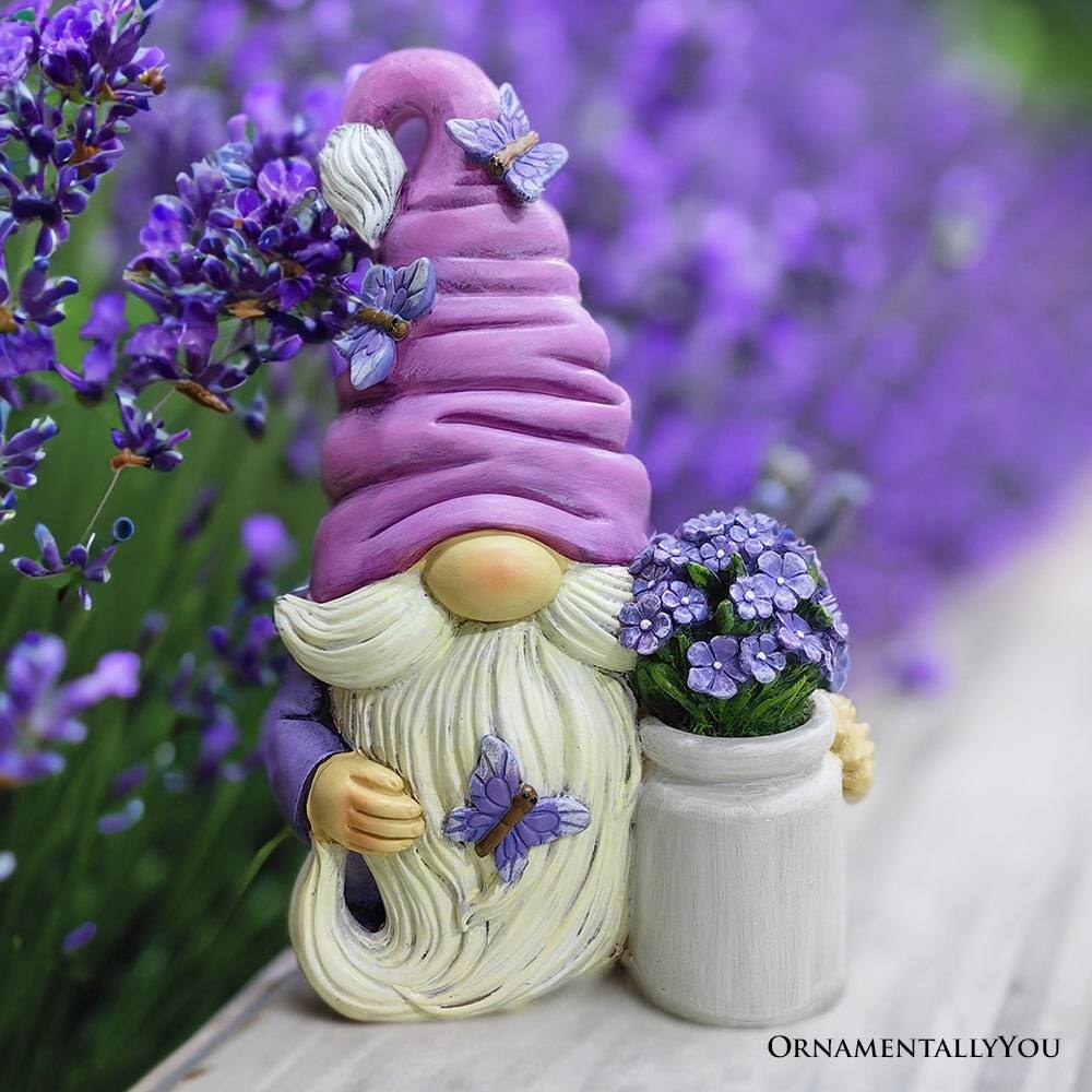 Alt View 2. OrnamentallyYou - Garden Grace Lavender Gnome Figurine, 10"  Purple Home Decor Statue with Butterflies and Flowers - Lavender.