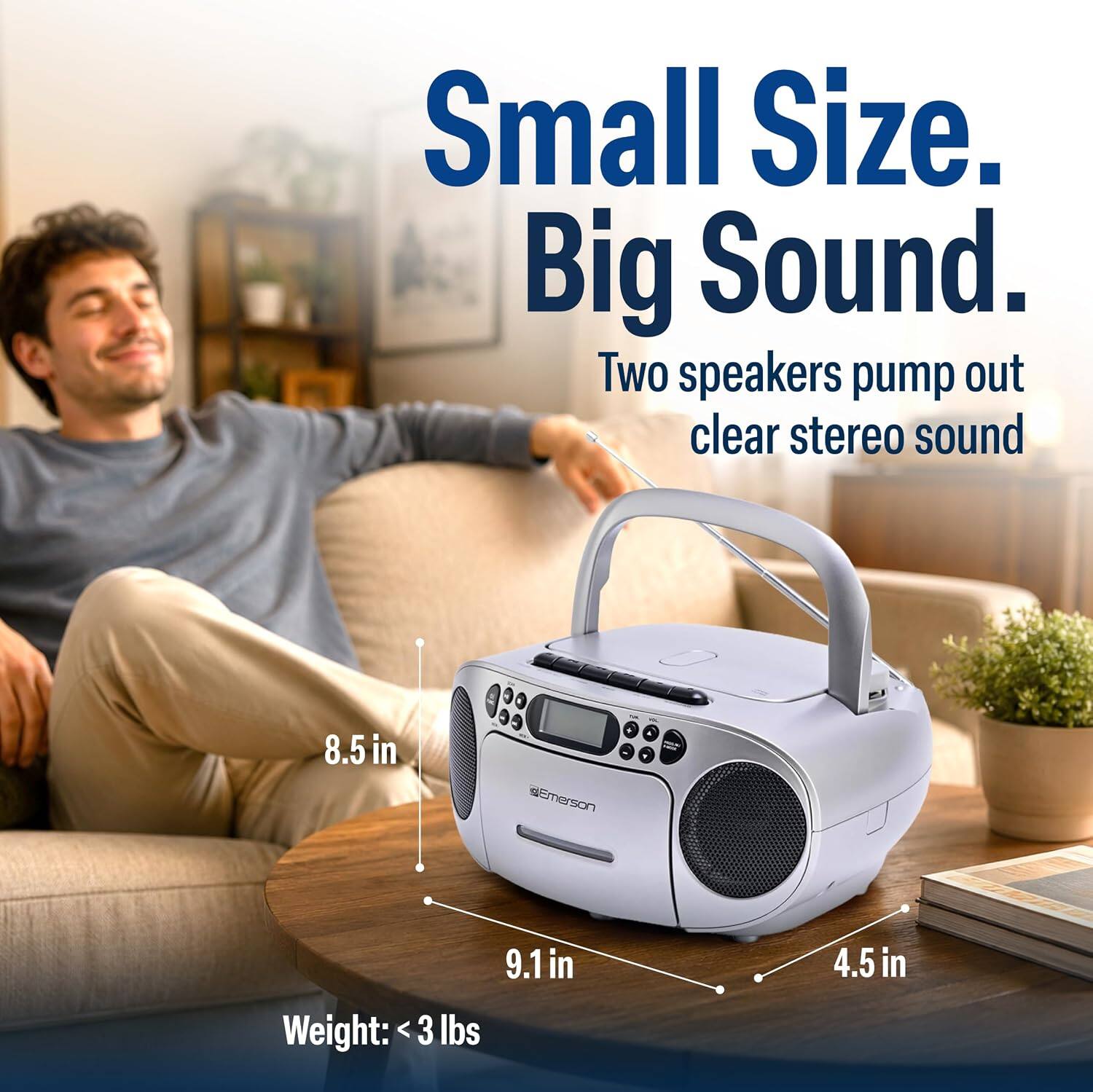 Small Size. Big Sound. Two speakers pump out clear stereo sound.  
Weight: < 3 lbs  
Dimensions: 8.5 in x 9.1 in x 4.5 in