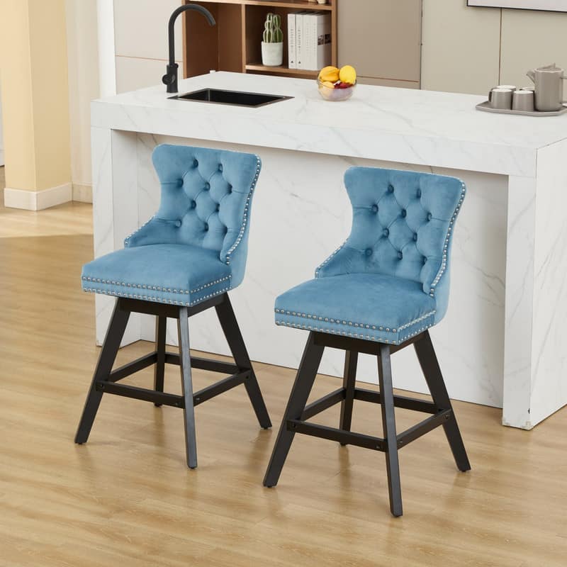 HTUTWOO - Swivel Velvet Barstools Set of 2, with Nailhead Trim, 360° Swivel Comfortable Bar Chairs for Kitchen, Dining Room,Bar - Light Blue