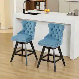 HTUTWOO - Swivel Velvet Barstools Set of 2, with Nailhead Trim, 360° Swivel Comfortable Bar Chairs for Kitchen, Dining Room,Bar - Light Blue