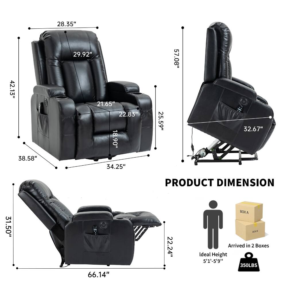 42.13" 38.58"  
28.35" 29.92" 21.65" 22.83" 18.90" 34.25"  
25.59"  
57.08"  
32.67"  
PRODUCT DIMENSION  
31.50" 66.14" 22.24"  
BOX A BOX B Arrived in 2 Boxes Ideal Height 5'1"-5'9" 350LBS