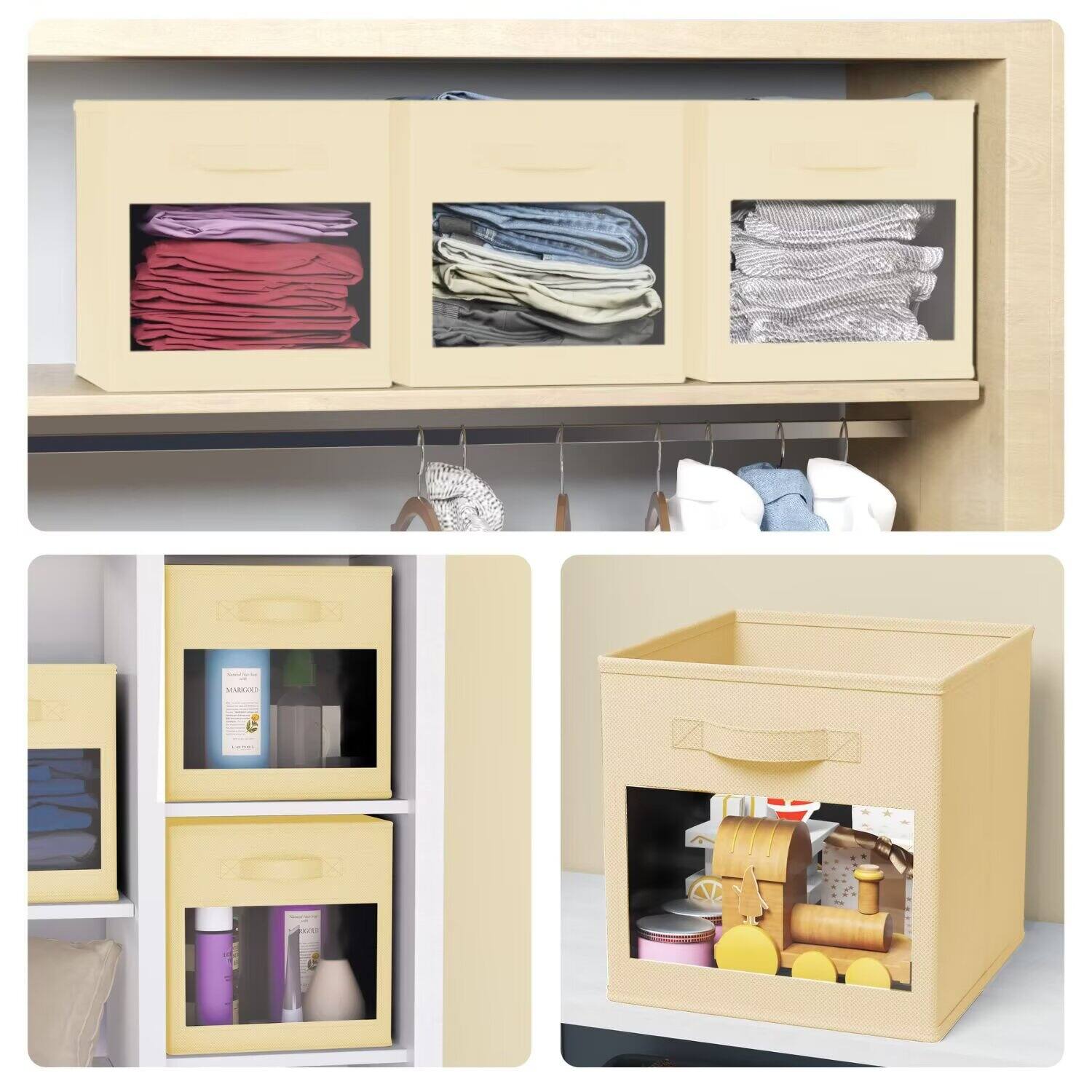 Alt View 2. Tooloton - 6-Pack Clear Window Fabric Storage Cubes, 11 Inch Foldable Organizer Bins for Home, Beige - Beige.