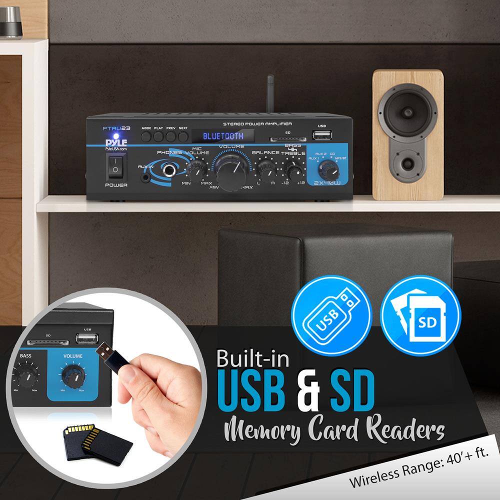 STEREO POWER AMPLIFIER  
BLUETOOTH  
PHONES  
MIC  
VOLUME  
BALANCE  
TREBLE  
BASS  
VOLUME  
USB  
SD  
Built-in USB & SD Memory Card Readers  
Wireless Range: 40+ ft.
