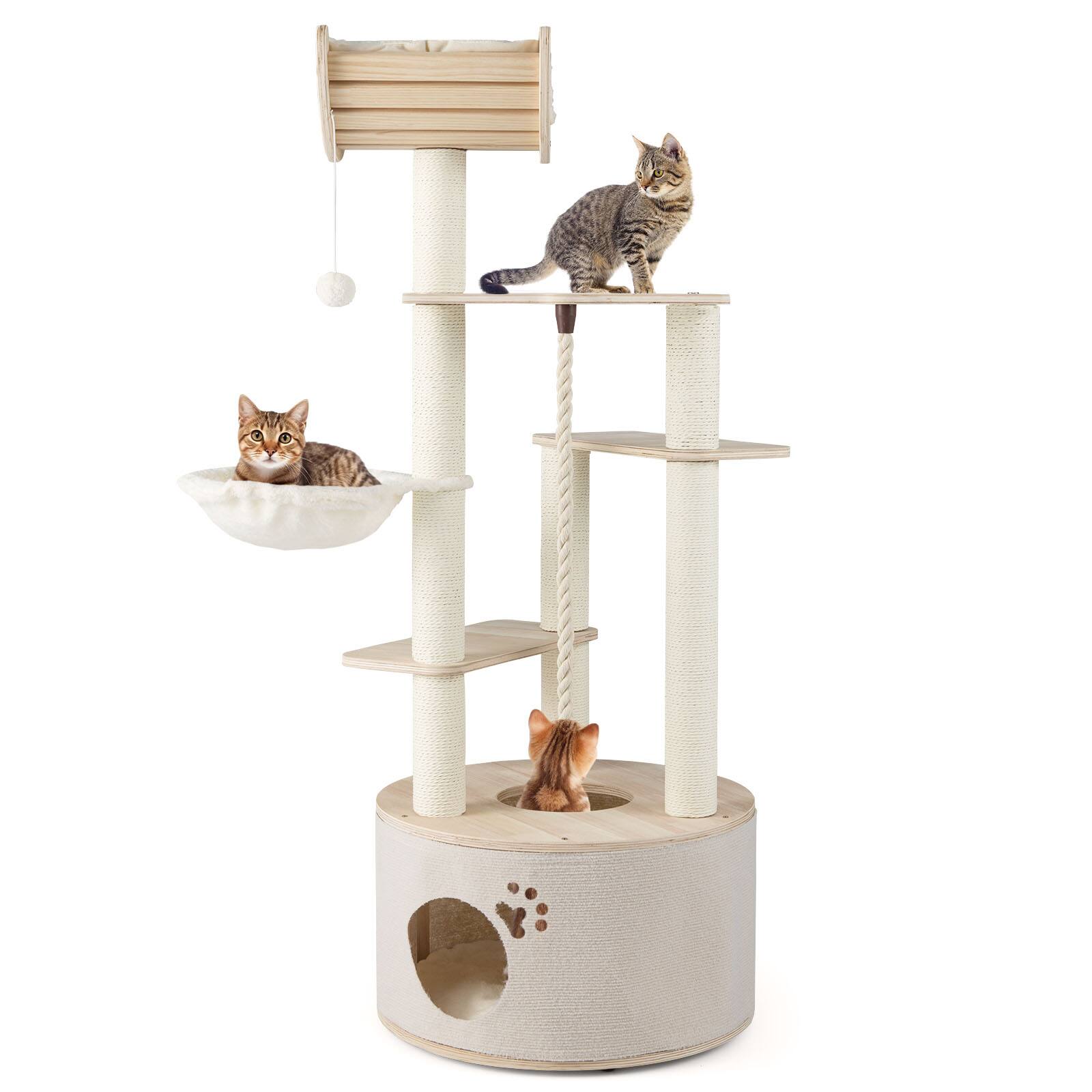 Gymax - 55.5'' Tall Wooden Cat Tree for Indoor Cats w/Condo Curved Perch Hammock - GYM18862