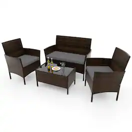 Costway - 4 PCS Patio Furniture Set with Washable Cushions and Tempered Glass Coffee Table - Mix Brown + Grey